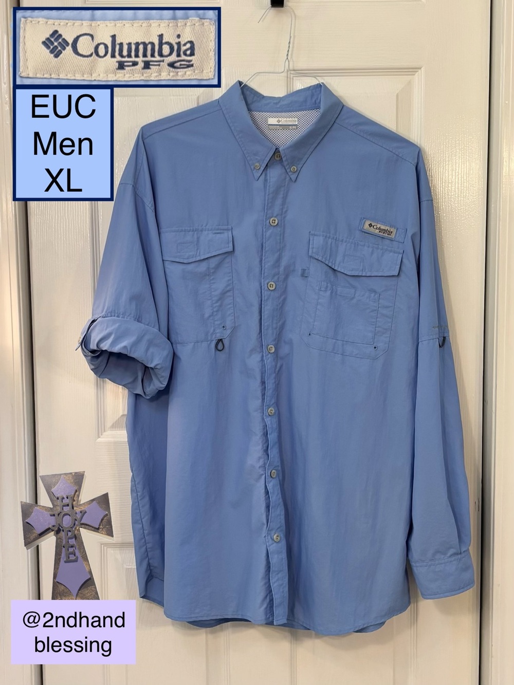 EUC Columbia PFG Distant Water Fishing Shirt, Men XL, Blue Long Sleeve, XM7160